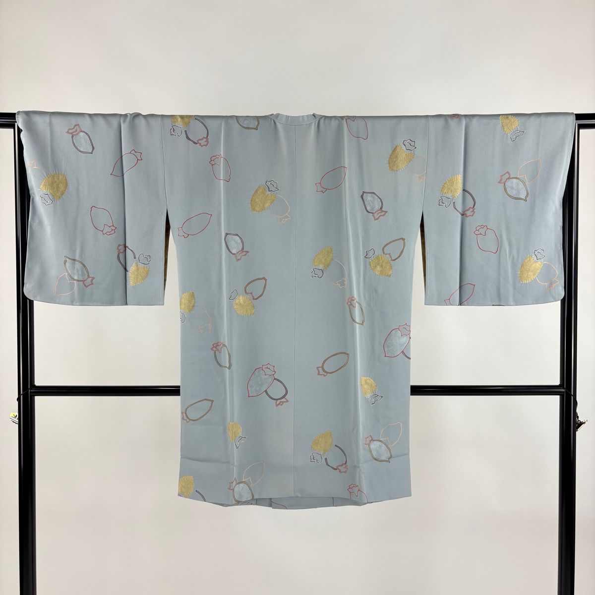 道行 身丈93cm 裄丈67.5cm L 和装コート 角衿 落款 干し柿 絞り 青灰色 正絹 秀品