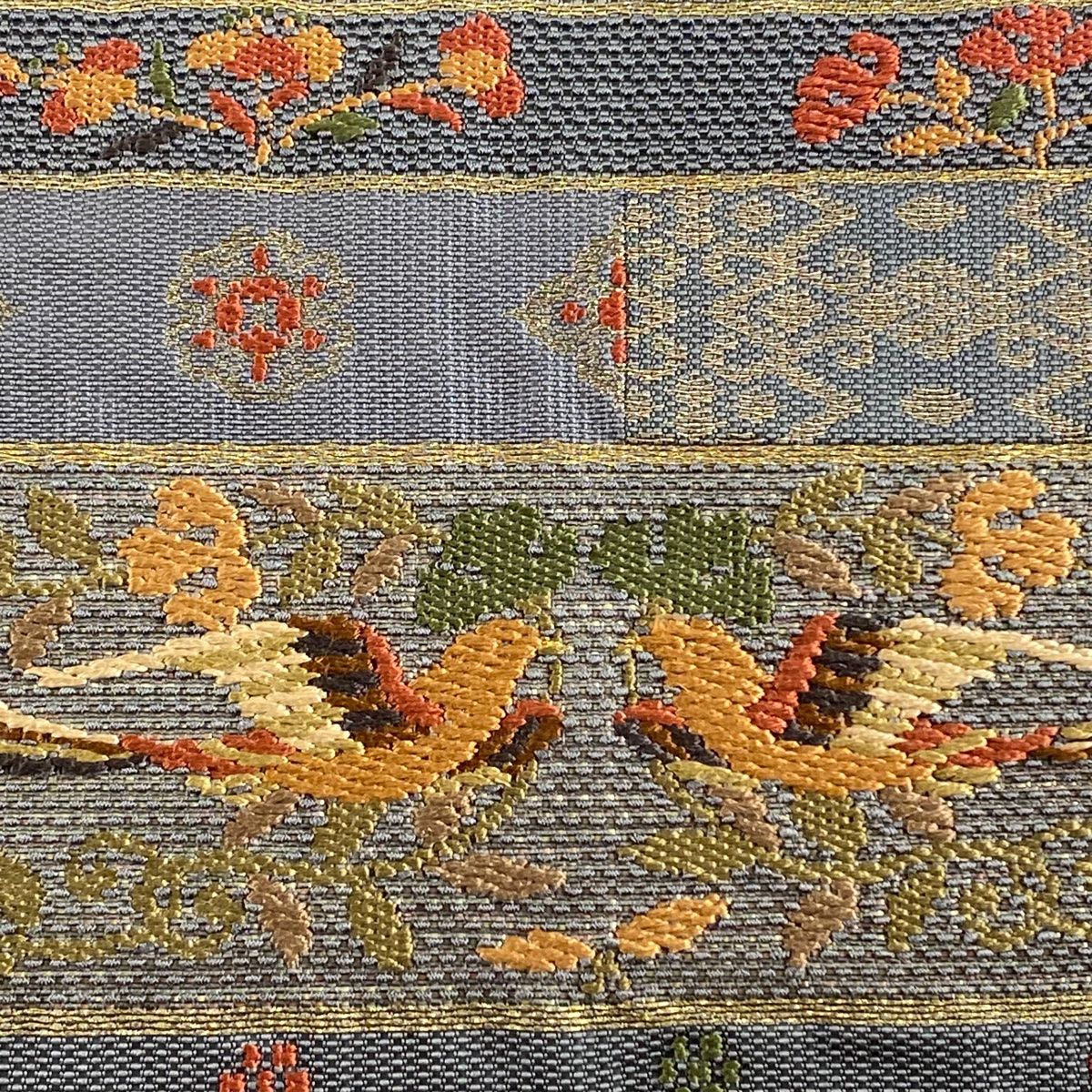 袋帯 名品 向かい鳥 草花 金銀糸 青灰色 六通 正絹