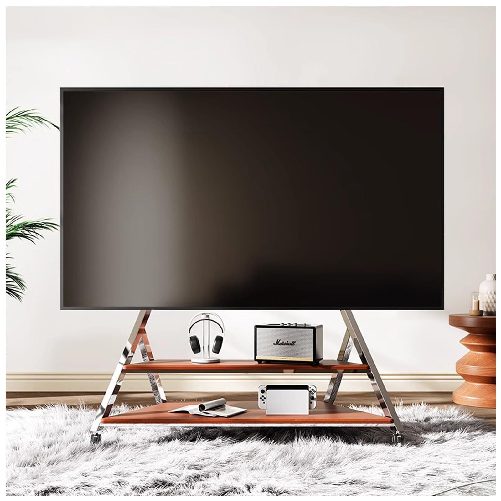 大人気 stand VESA800mm*600mmまで tv 二重木材の収納棚板付き 耐荷重100kg おしゃれ テレビ台 大型テレビ向け ステンレス製 キャスター付き 安定性よい 壁寄せTVスタンド 50-100インチ対応 家用|学校|病院|ビジネス展示