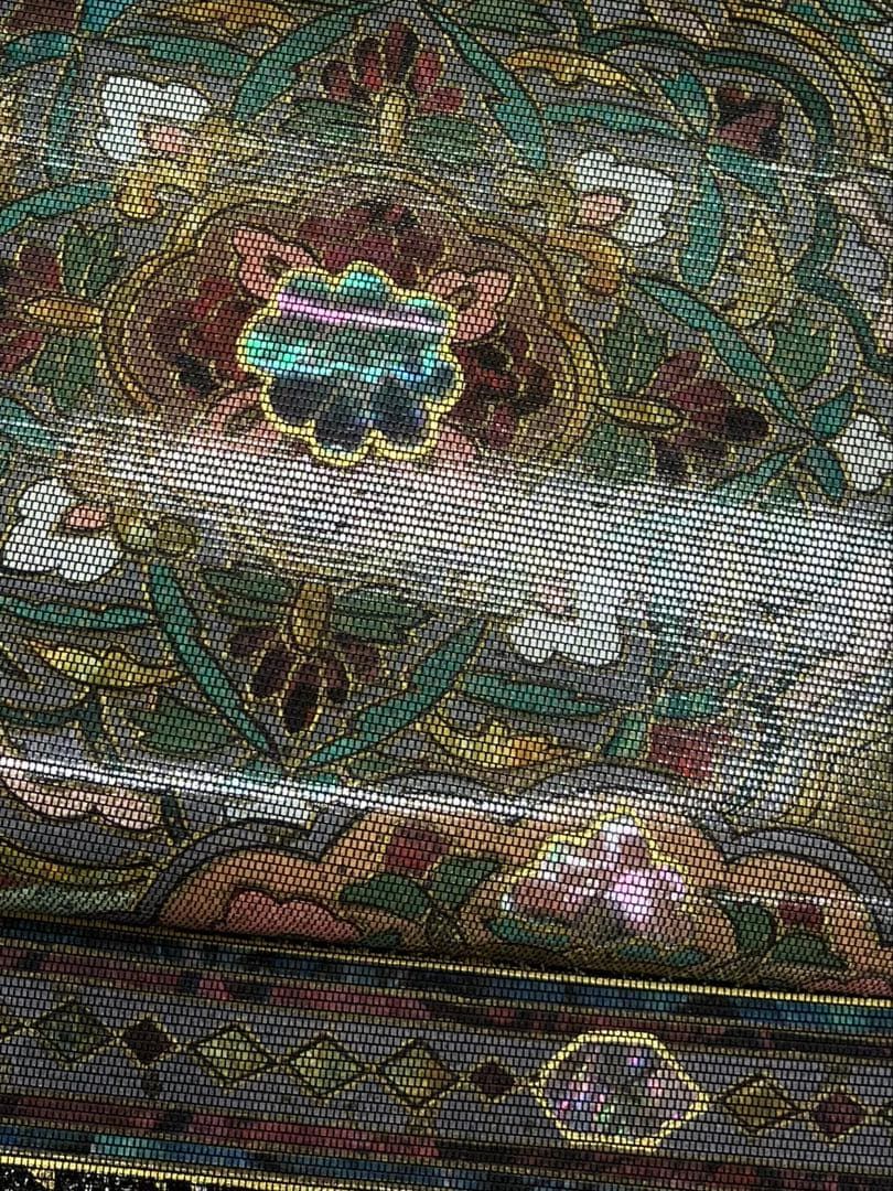 袋帯　螺鈿　刺繍　未仕立て 螺鈿細工 螺雅 西陣織 袋帯 未仕立て品 裂嵌宝華文 正絹 お太鼓柄