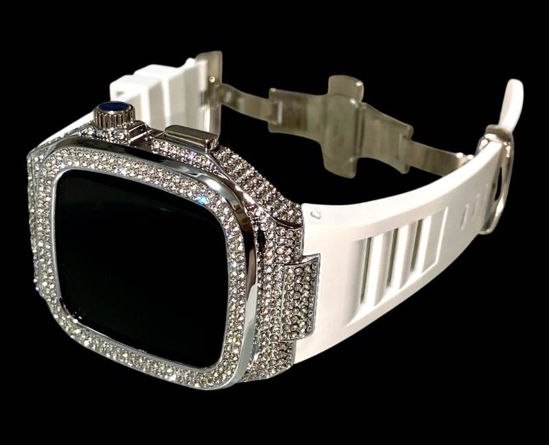 アップルウォッチケース 互換性対応 カスタム カバー 保護 ギフト 44 ４２ 45 46 キラキラ ベルト Apple Watch バンド セット series4 5 6 7 8 9 10 11 ホワイトシルバー