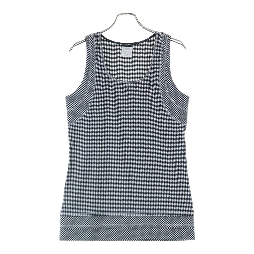 CHANEL シャネル 08C クルーズ ココマークロゴプレート チェック総柄 ノースリーブ チュニック カットソー ワンピース ブラック ホワイト レディース P32317V22650