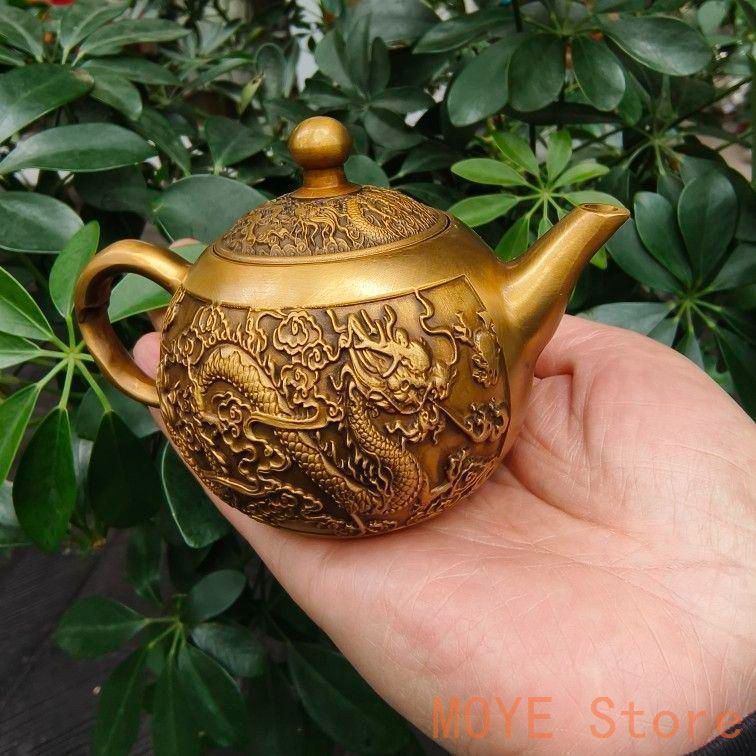 銅器 浮彫龍鳳茶壺 酒壺 茶道具 装飾品 工芸品 置物zw0829