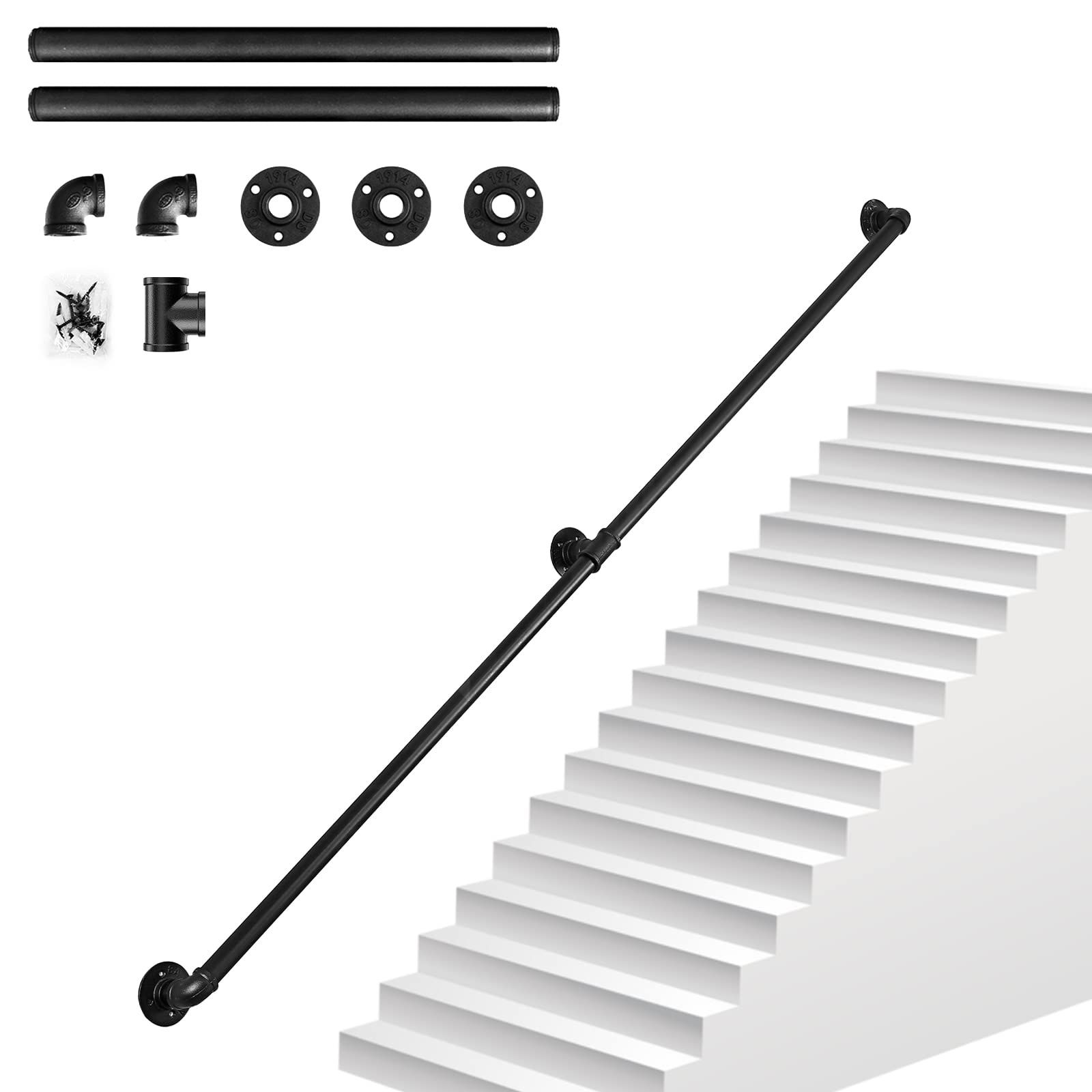 ブラック 高齢者用 家庭 階段 2m 階段 階段 滑り止め防錆工業用亜鉛メッキ鋼管付き壁取り付け 1-3m 屋外用の手すり階段 屋内 黒い工業用パイプ錬鉄製手すり HARUMAKI