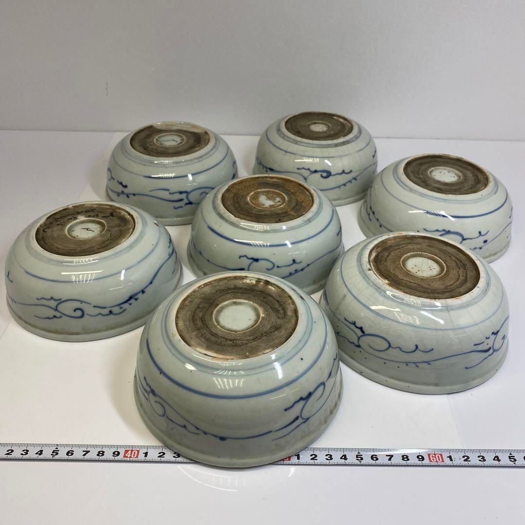 江戸後期 古伊万里 龍図鉢7客 蓋無木箱付 直径約16㎝ 東Y6