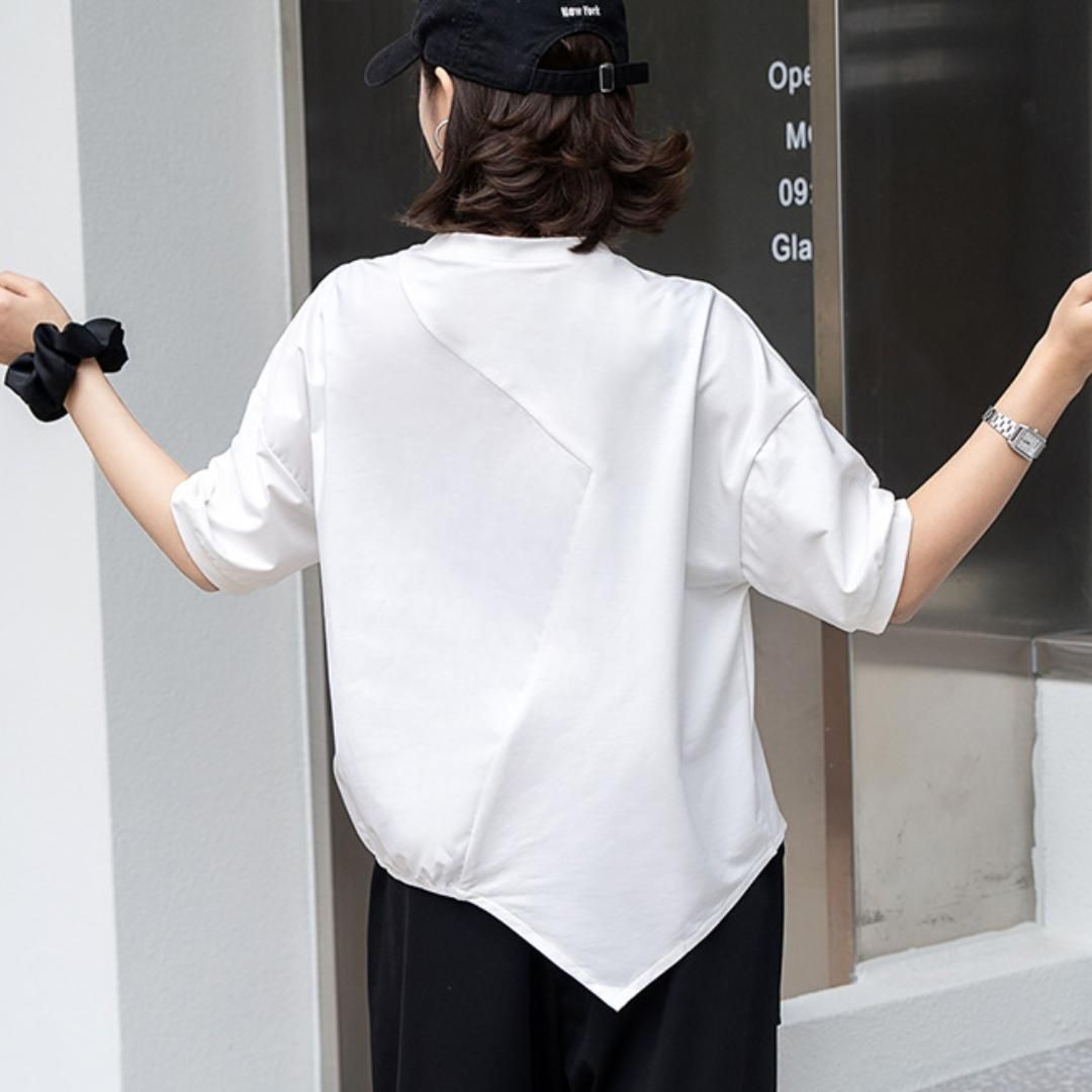 アシンメトリー変形カットソー 白 レディース 半袖Tシャツ 春夏