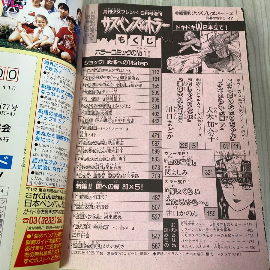 3-◇ サスペンス＆ホラー 1995年6月号増刊 平成7年 月刊少女フレンド 犬木加奈子 川口まどか 関よしみ 御茶漬海苔 大橋薫 3-◇ サスペンス＆ホラー 1995年6月号増刊 平成7年 月刊少女