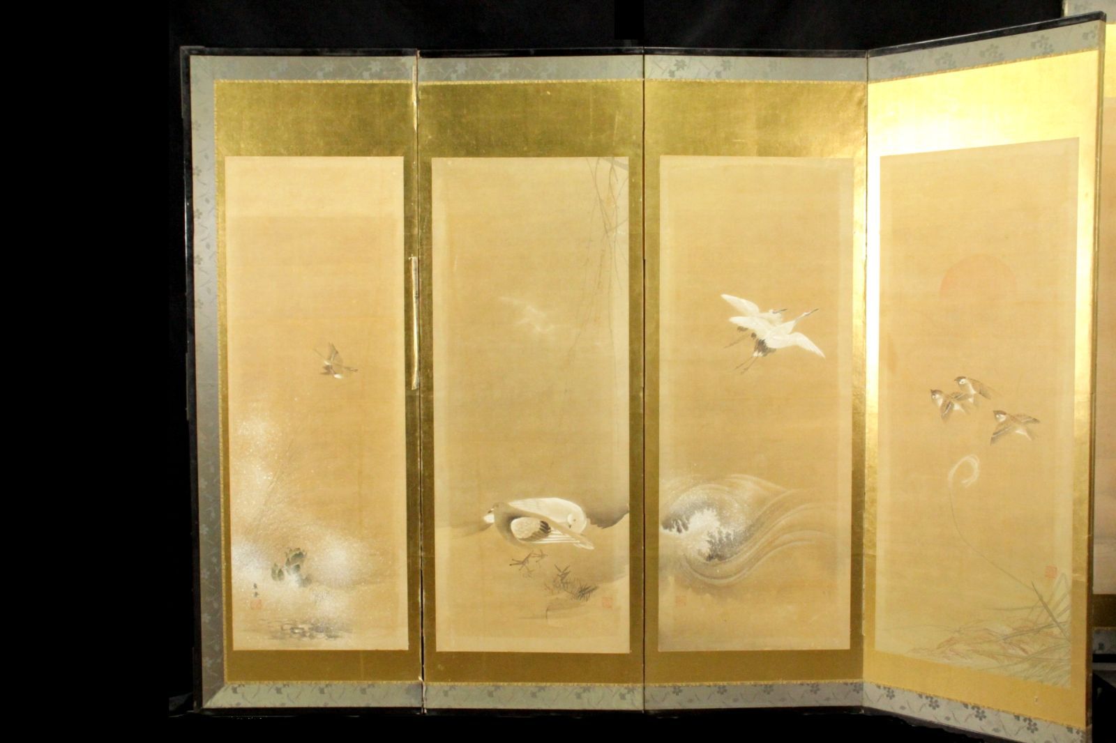 骨董品　屏風　美品 山城真斎筆 花鳥図六曲屏風 280cm 金屏風 唐物 骨董 古美術 楾