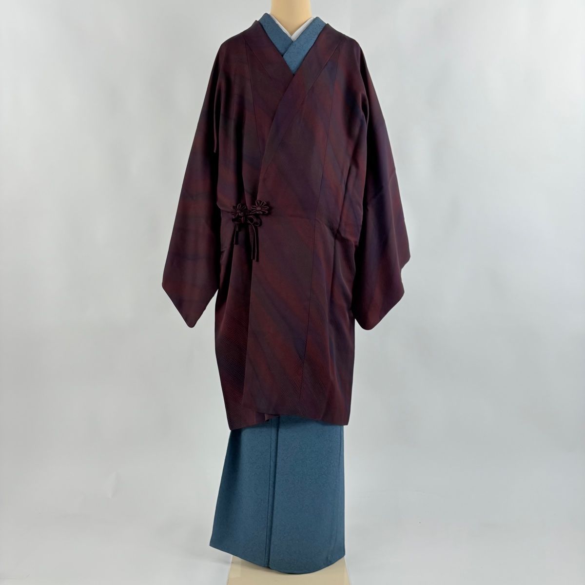 道中着 身丈104cm 裄丈70cm L 斉藤三才 和装コート 着物衿 リバーシブル 落款 斜縞 茶紫 正絹 名品 USTAUSTRALIA_COM_AU