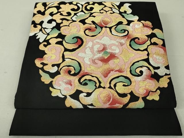 平和屋着物○爪掻き本綴れ 八寸名古屋帯 正倉院花文 黒地 金銀糸 正絹  