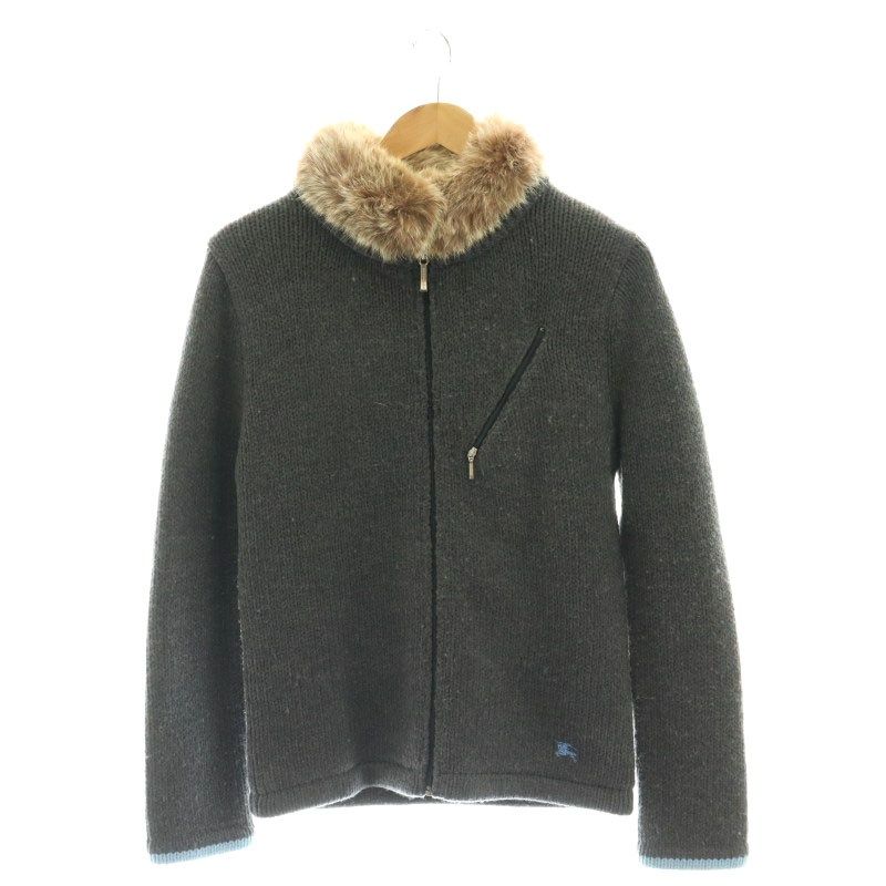 バーバリーブラックレーベル BURBERRY BLACK LABEL ラビットファー ニットジャケット ブルゾン ジップアップ 裏地ノバチェック柄 1 グレー 水色 茶色 /ES OS
