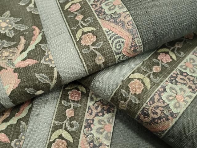 平和屋着物▽上質な紬 単衣 花唐草間道 黒地 正絹 逸品