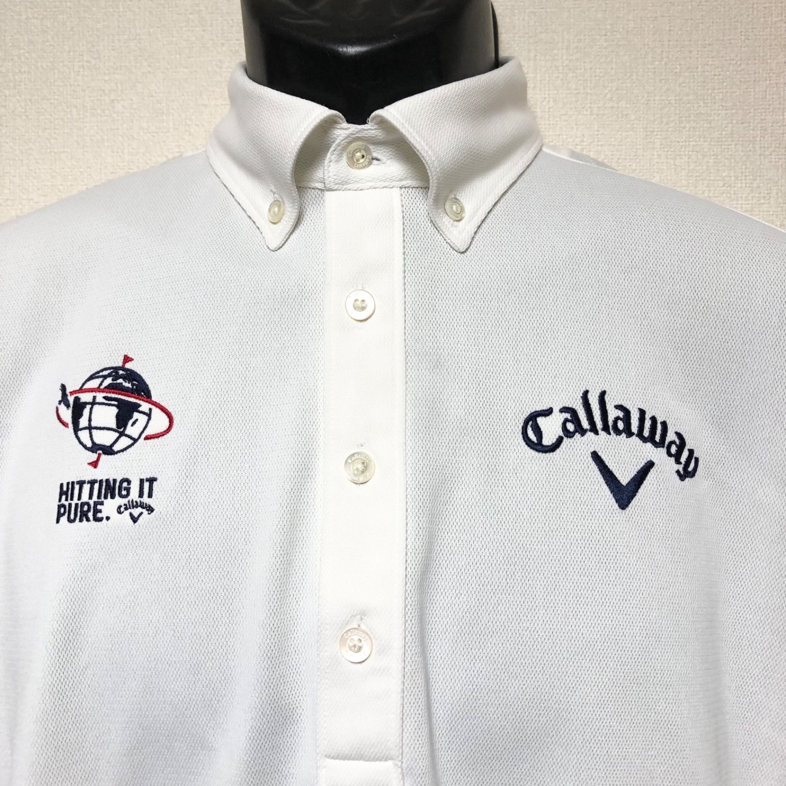 サイズ：L CALLAWAY キャロウェイ  半袖ポロシャツ ボタンダウン 総柄 ホワイト系 [240101420327] ゴルフウェア メンズ ストスト CALLAWAY キャロウェイ 半袖ポロシャツ ボタンダウン 総柄