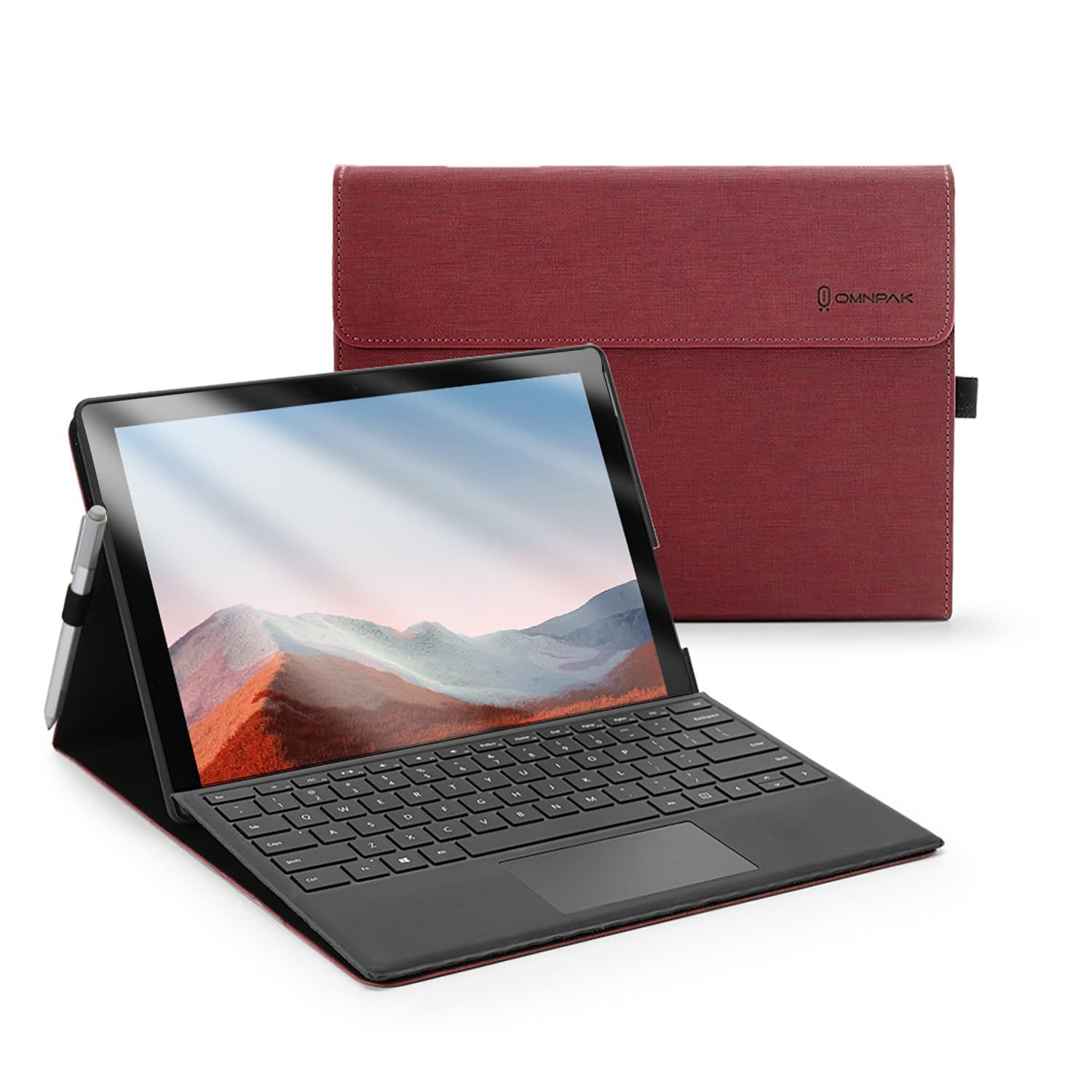 Color ローズレッド Omnpak Microsoft Surface Pro 7 | 7| 6 | 5 | 4 対応 ケース 表面内蔵保護カバー ｜多視角スタンド ｜超薄型 ｜ペンホルダー付き｜高耐久PU ｜吸着カバー