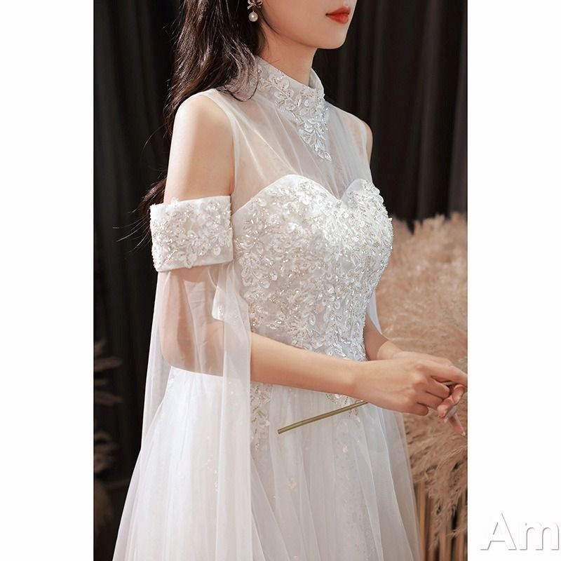 ウエディングドレス Aライン 前撮り 半袖 ドレス ホワイト チュール ハイネック フ 結婚式 ボリューム 二次会