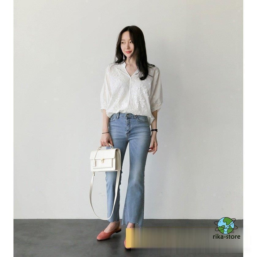 ブラウス レディース オシャレ オフィス ブラウス シャツ 春夏 五分袖 ブラウス レース　刺繍 Vネックブラウス トップス 韓国風 着痩せ 通勤 通学 新作 ztwo-store_ztwo-1117cs51