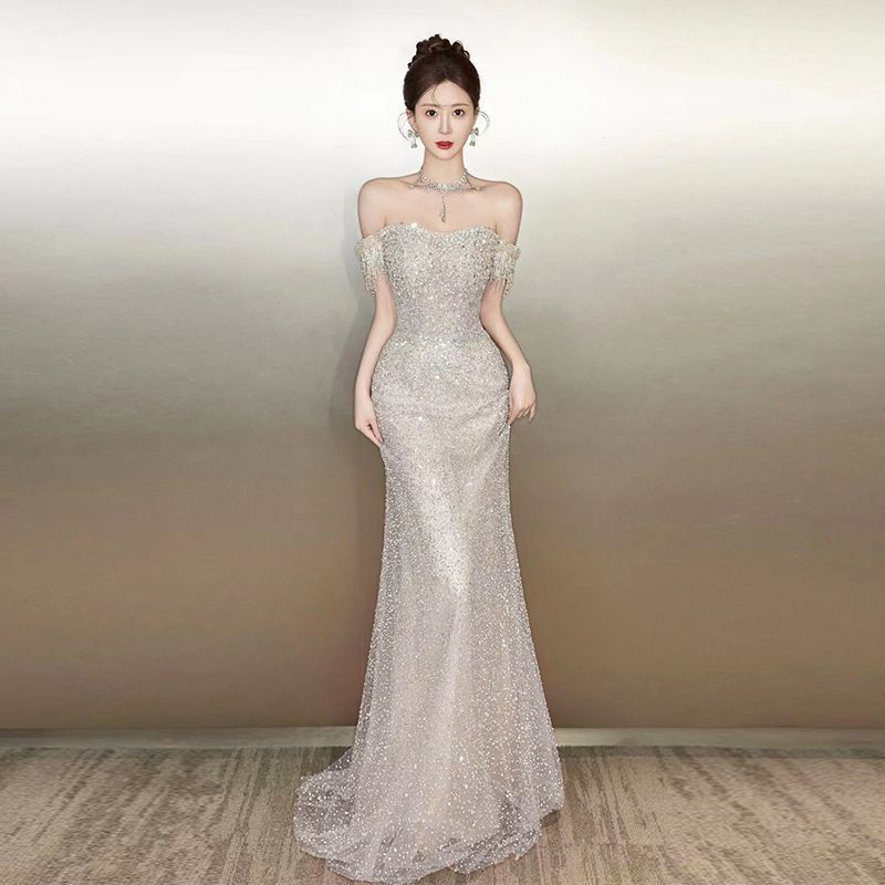 パーティードレス レディース 夏 一字肩 魅力的 ロングドレス 魚尾ライン ラメ入り 結婚式 披露宴 お呼ばれ ワンピ