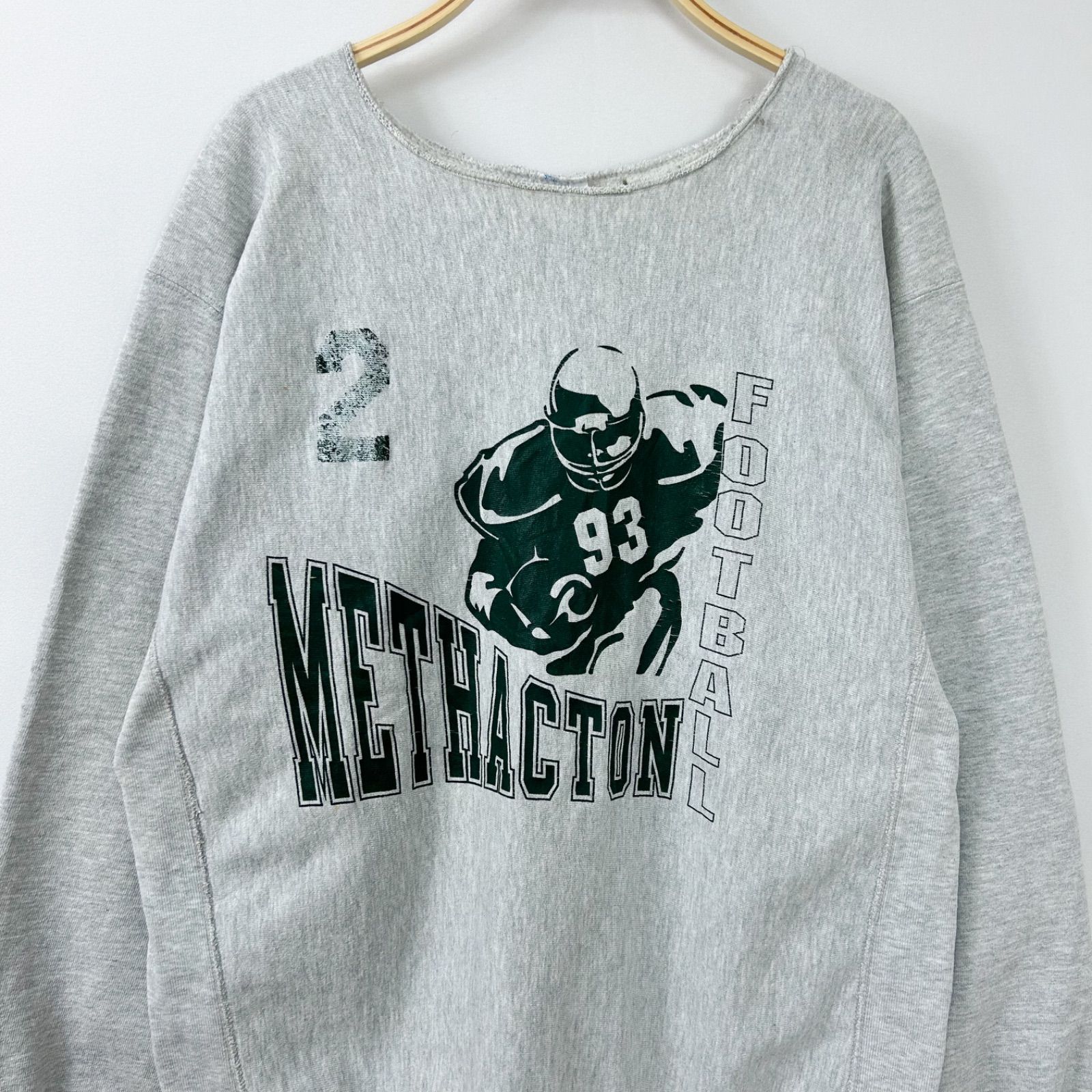 90s USA製 Champion チャンピオン REVERSE WEAVE リバースウィーブ METHACTON カレッジプリント フットボール  スウェット トレーナー 90年代 前期 アメリカ製 ビンテージ XL 杢グレー【S79-3-VJ2b】