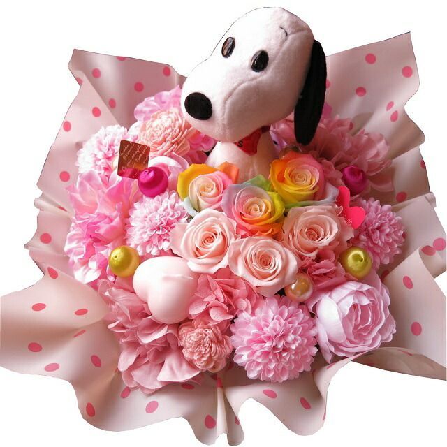 スヌーピー入り 花 アンティーク スヌーピー ぬいぐるみ レインボーローズ プリザーブドフラワー入りギフト ケース付き スヌーピー種類はおまかせ