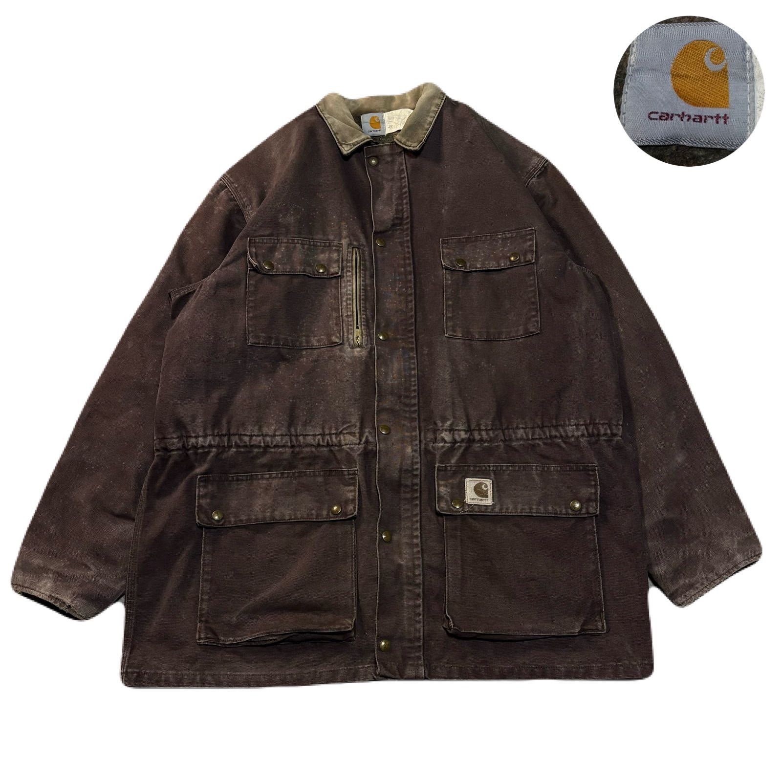 カーハート ジャケット カバーオール 裏地チェック柄 革タグ ブラウン 2XL カーハート ジャケット カバーオール 裏地チェック柄 革タグ
