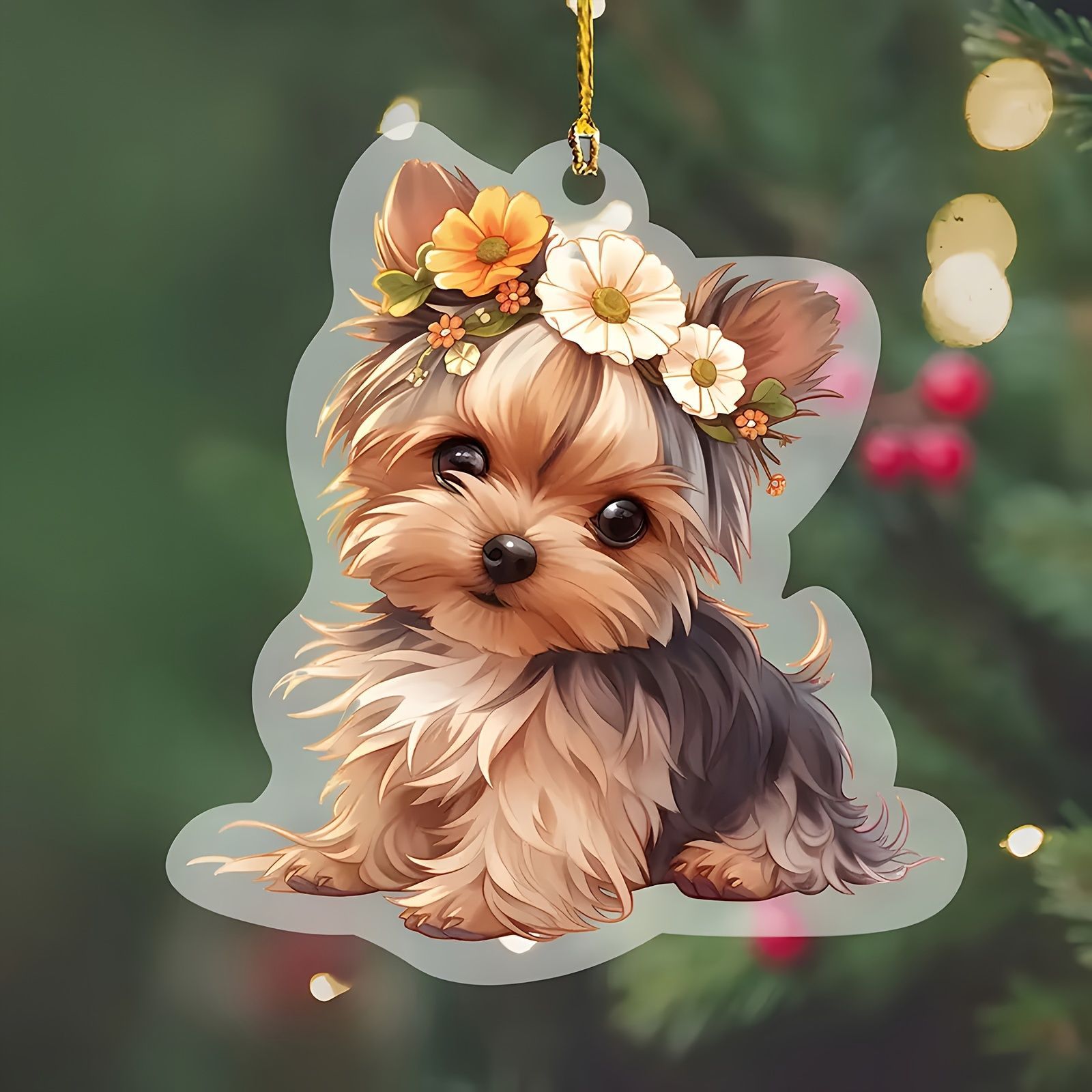 キーホルダー 子犬 ヨークシャーテリア 花冠 2D アクリル 8cm かわいい 