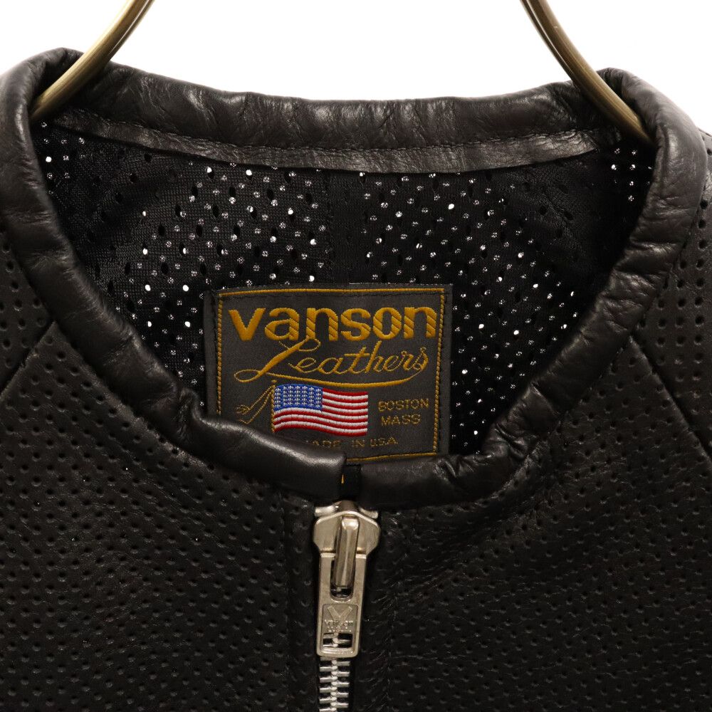 VANSON (バンソン) パンチングメッシュ レザーシャツジャケット 半袖 ブラック