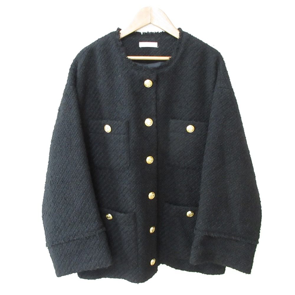 美品 Loungedress ラウンジドレス 金ボタン ノーカラー ツイード