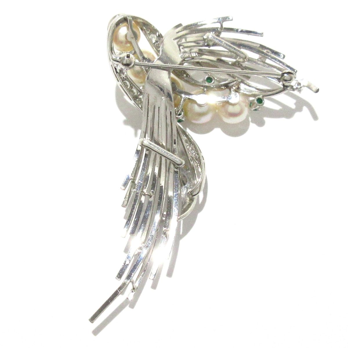 mikimoto ミキモト ブローチ - K14WG×ダイヤモンド×エメラルド 5Pパール パール直径約7mm-10mm 28Pダイヤ