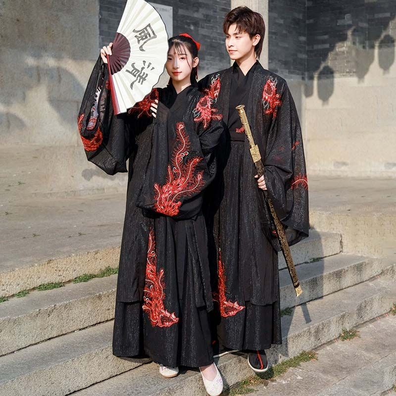 大人 チャイナ服 2点セット 3点セット 黒 おしゃれ 漢服 中華服 メンズ チャイナ風コスプレ衣装 中国古代服装 袴風 中華コスプレ衣装 タンチョウ 龍柄 刺繍 赤縁取り 振袖羽織 ハロウィン イベント チャイナ古代古典 中華衣裳