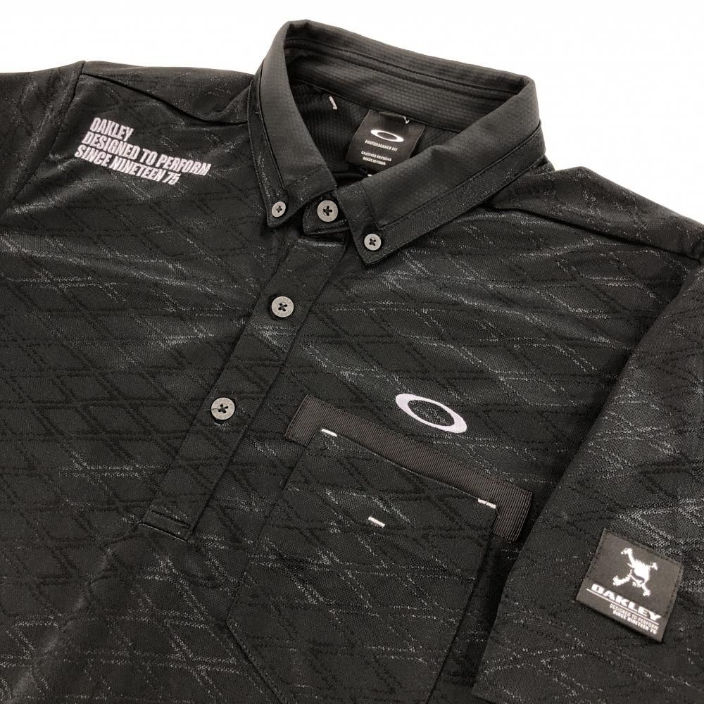 超美品】オークリー 半袖ポロシャツ 黒 ダイヤ柄地模様 ボタンダウン