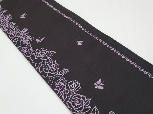平和屋着物 上 半幅帯 猫 蝶 バラ 薔薇 黒紅色地 CYAA3178s5