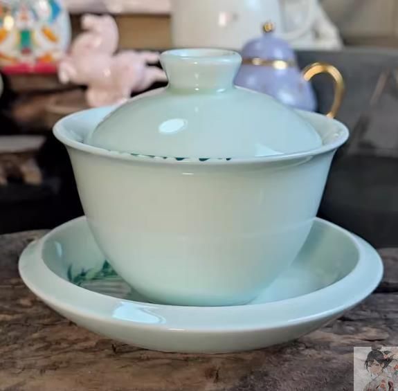 青磁彩竹三才蓋碗 茶碗 蓋碗 新品 中国美術 湯呑 茶器 煎茶器