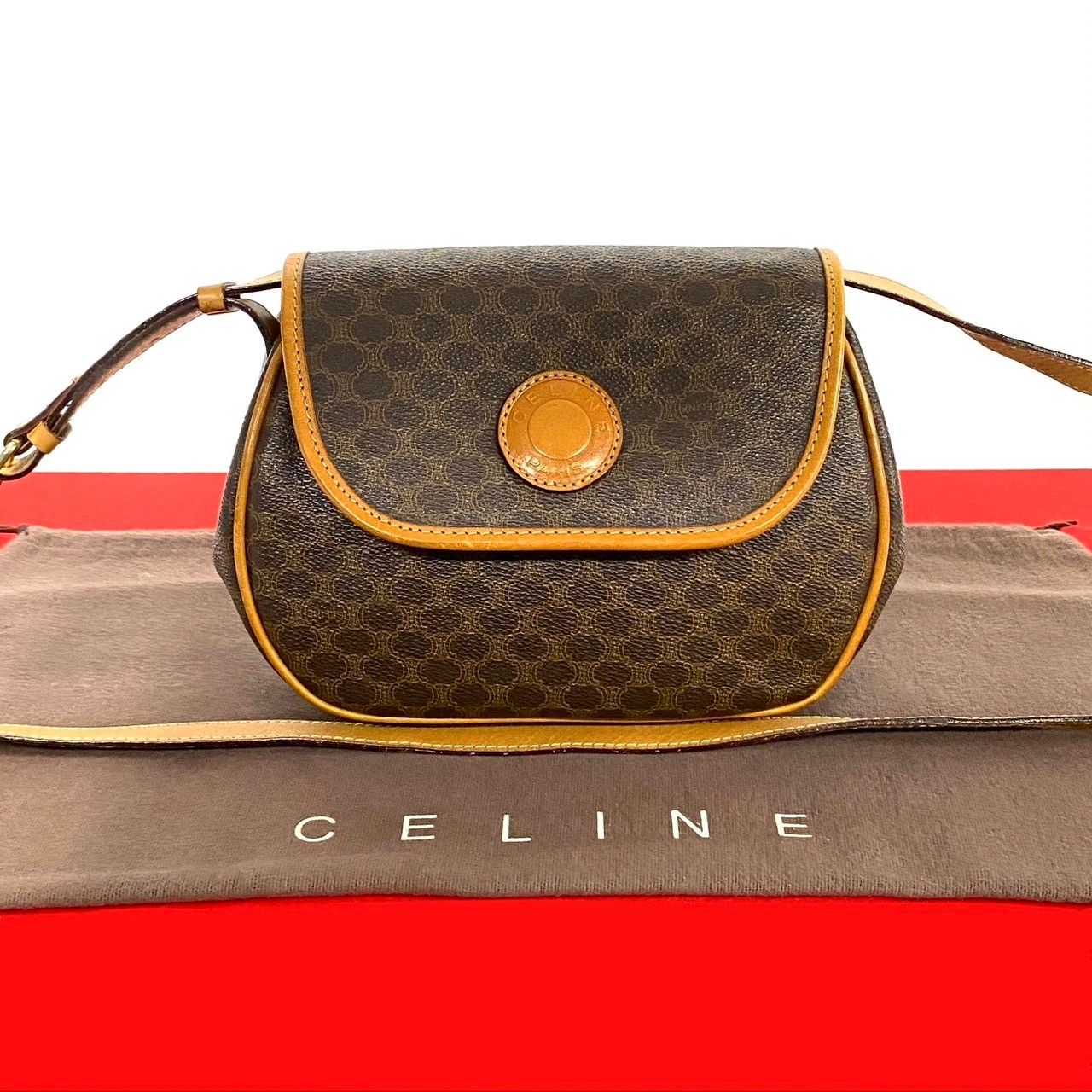 極 美品 CELINE セリーヌ ヴィンテージ マカダム ブラゾン トリオンフ 柄 レザー ミニ ショルダーバッグ ポシェット ブラウン 27295  - メルカリ