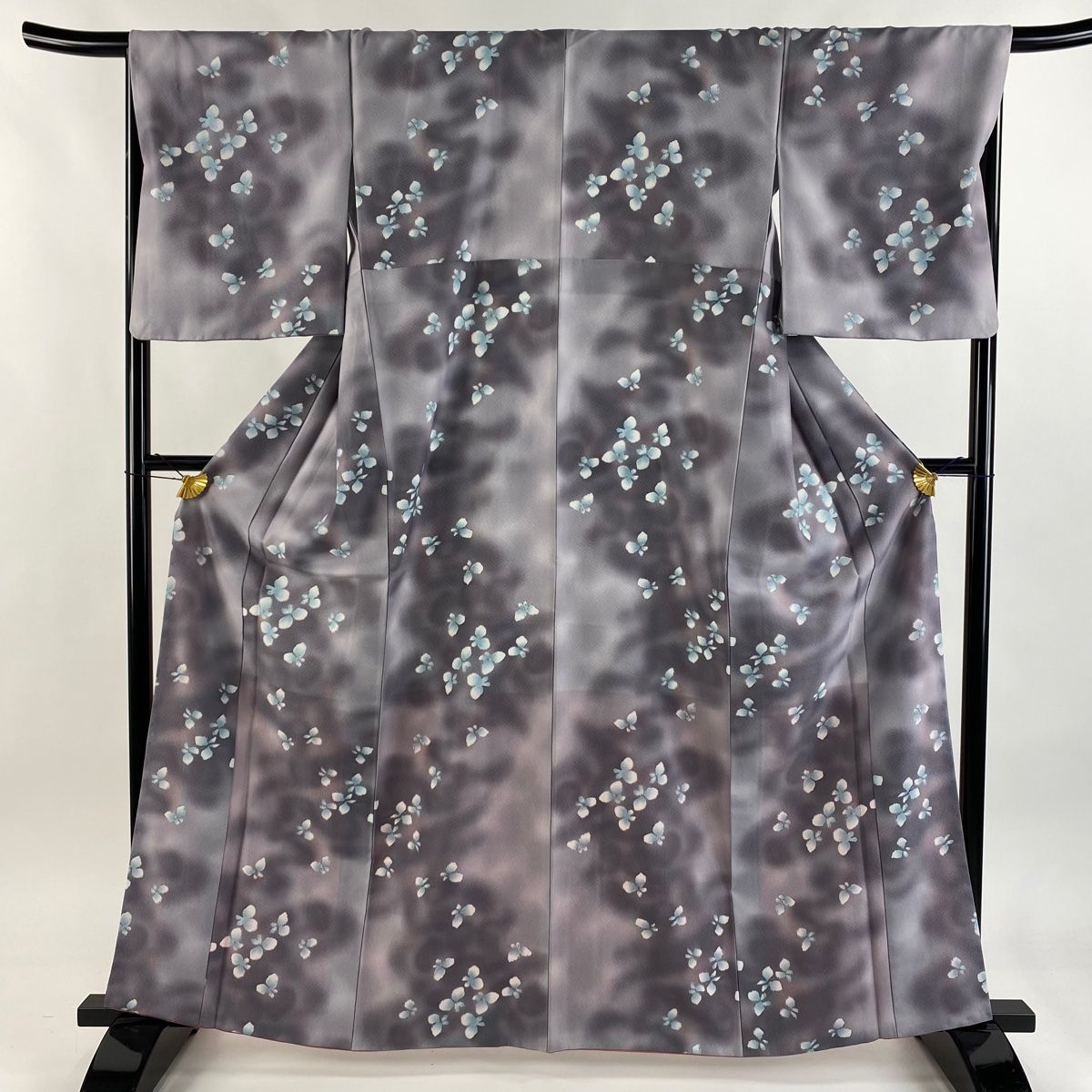 小紋 身丈163cm 裄丈67.5cm L 袷 蝶 ぼかし 灰紫 化繊 秀品