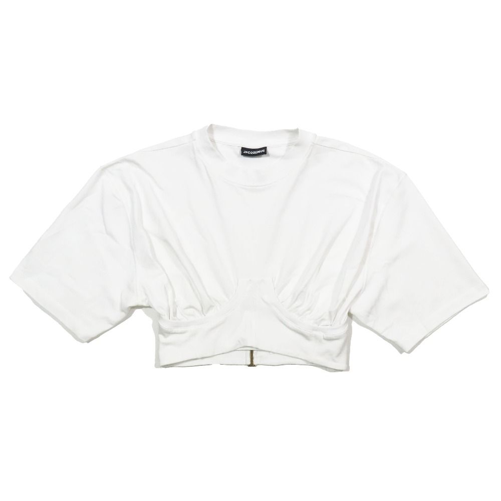 新品同様 JACQUEMUS ジャックムス クロップド Tシャツ ショート丈 カットソー 半袖 ビスチェ へそ出し トップス ホワイト XS レディース 古着 中古 新品同様 JACQUEMUS ジャックムス クロップド Tシャツ ショート