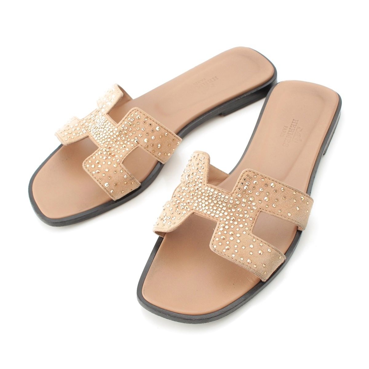 エルメス オラン スエード ラインストーン フラット サンダル ベージュ 36 1|2