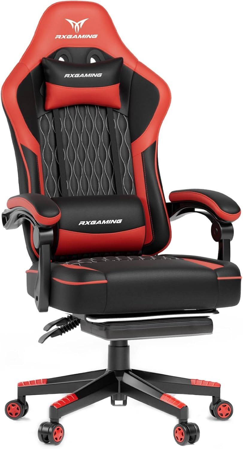 RXGAMING ゲーミングチェア オフィスチェア イス 椅子 テレワーク 疲れない 幅広座面 デスクチェア オットマン付き ゲーム用チェア145°リクライニング パソコンチェア 座り心地よい テレワーク 収納便利
