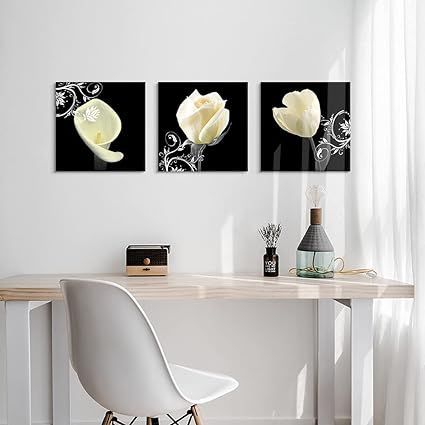 7CANVAS 3パネル アート 花 絵画 黒の背景に白い花 キャンバスプリント ...