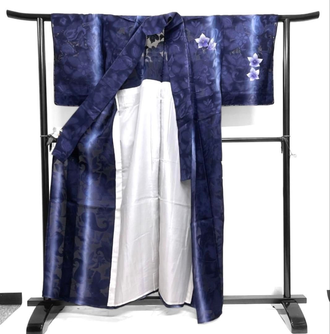 未着用 付け下げ 紗 花模様 桔梗 縦縞 唐花 ネイビー 着物 035a d