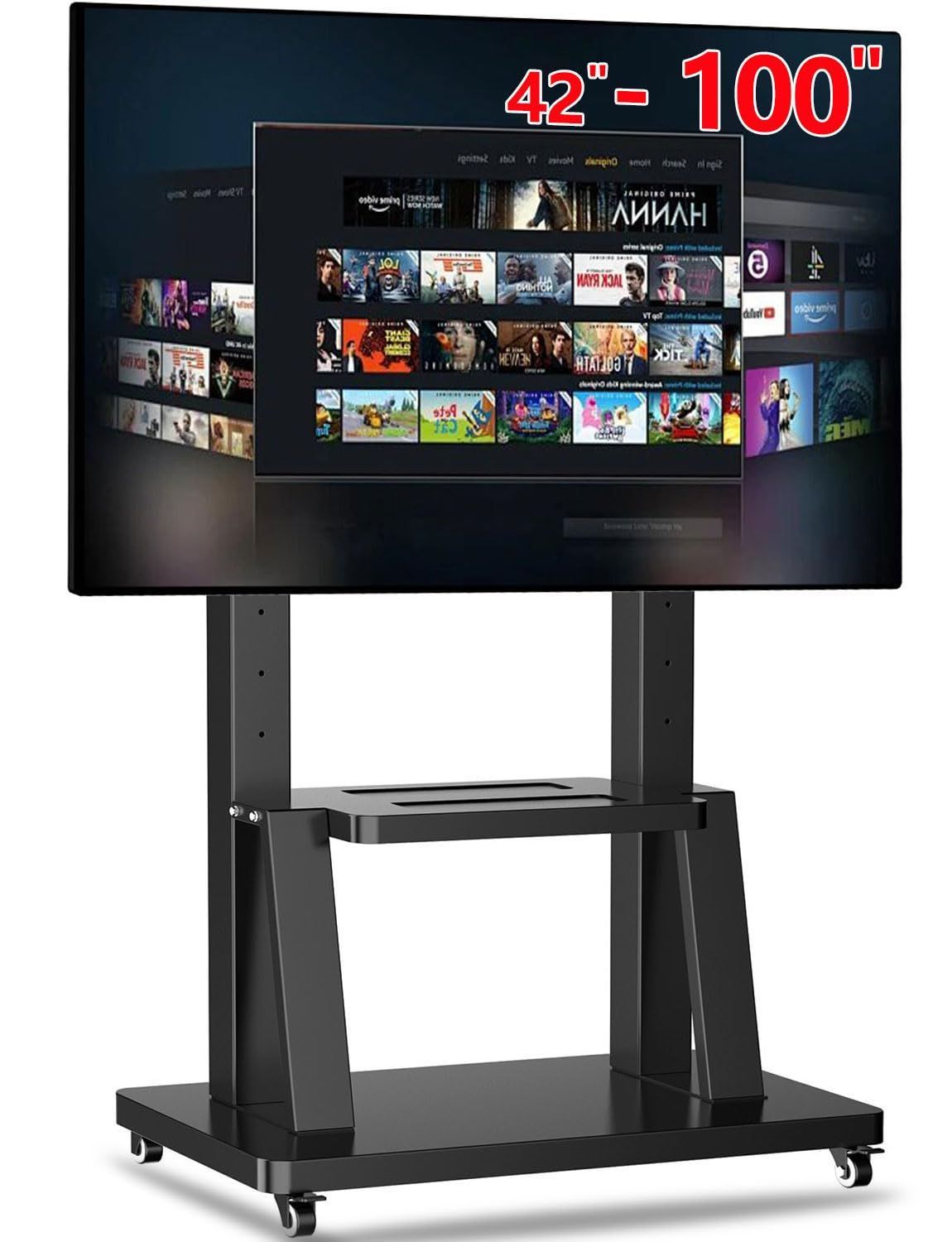 大 天板|棚付き モバイルスタンド 安定 テレビボード TV ハイタイプ フロアスタンド TVカート 42-100インチ対応 自立型テレビスタンド 耐荷重80kg VESA200*200mm～900x600mm 移動式 角度|高さ調整 キャスター付