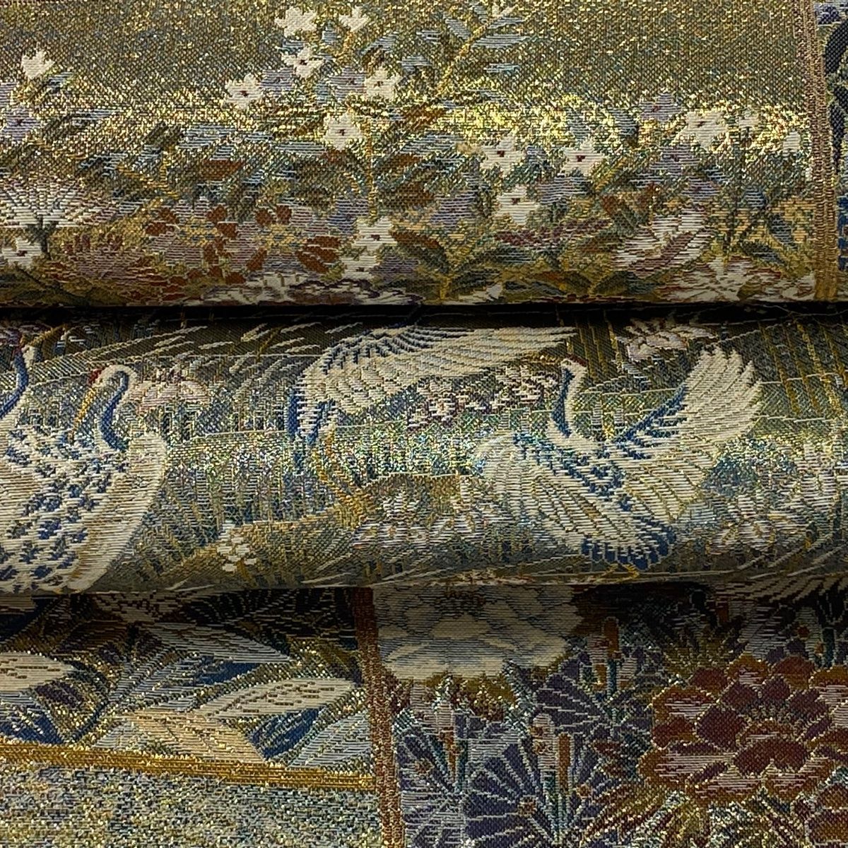 袋帯 美品 逸品 色紙 花鳥 金糸 箔 薄緑 お太鼓柄 正絹 【中古