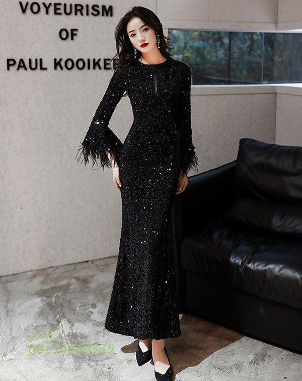 ドレス 大人 ピアノ 発表会 イブニング パーティー 上品 大人 大きいサイズ 演奏会 フォーマル ワンピース ロング 結婚式 ブラック 袖あり get5a569339 MAAHADDERANG_COM