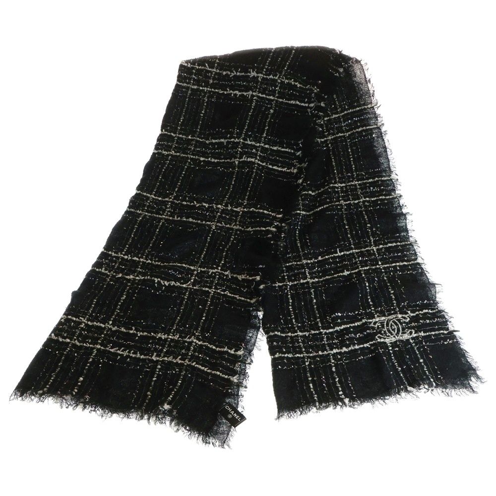 ココマーク大判ストール CHANEL カシミヤウールマフラー CHANEL (シャネル) チェック柄 ココマーク カシミア混 ウール