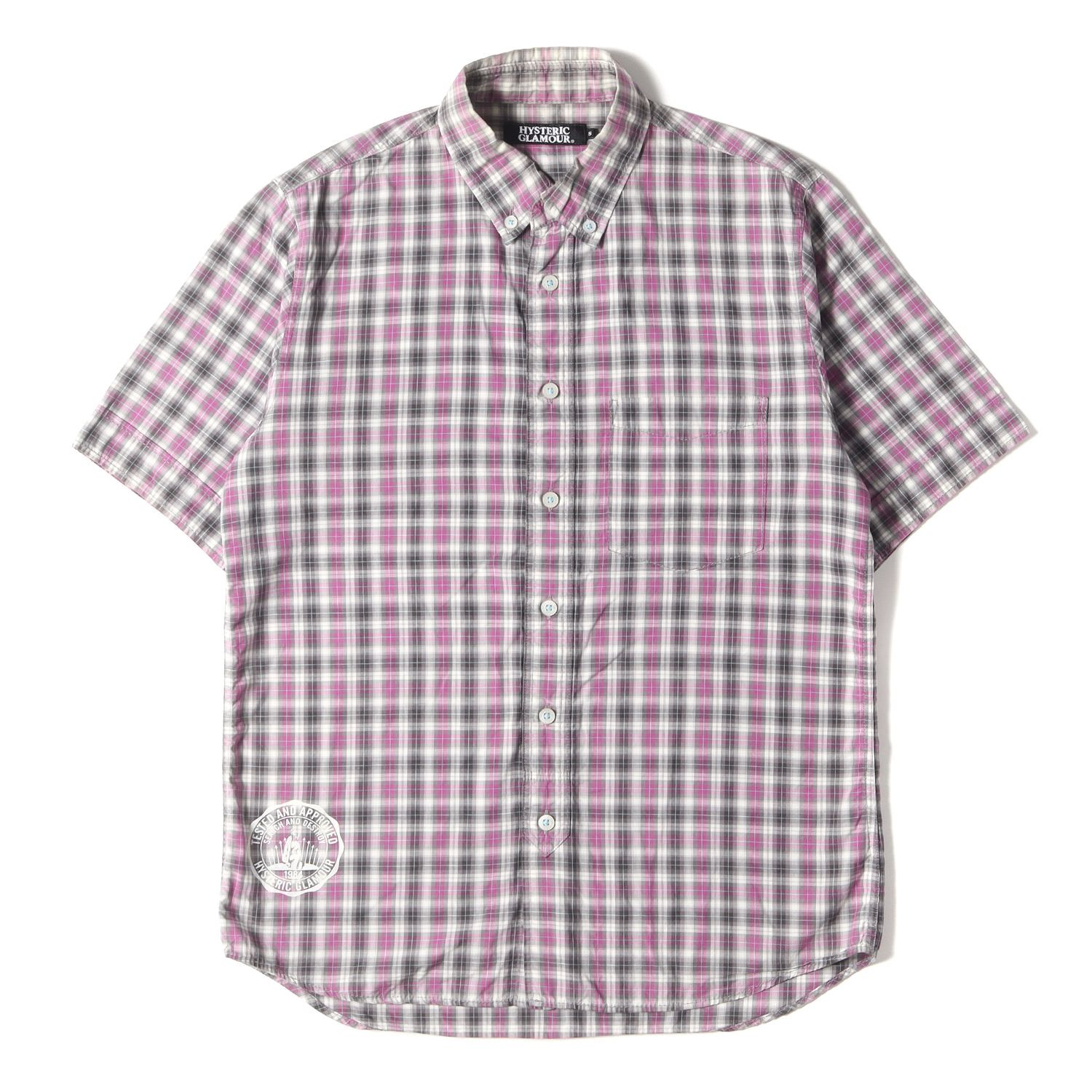 HYSTERIC GLAMOUR ヒステリックグラマー シャツ サイズ:S ガール ロゴ プリント マドラスチェック 半袖 ボタンダウン シャツ 0212AH03 B.D パープル グレー ホワイト 日本製 トップス カジュアルシャ