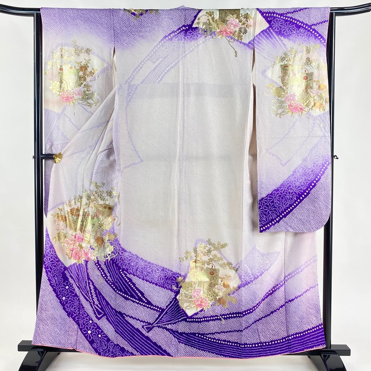 振袖 身丈159cm 裄丈64cm M 袷 やまと 御所車 牡丹 絞り 刺繍 薄紫 正絹 名品