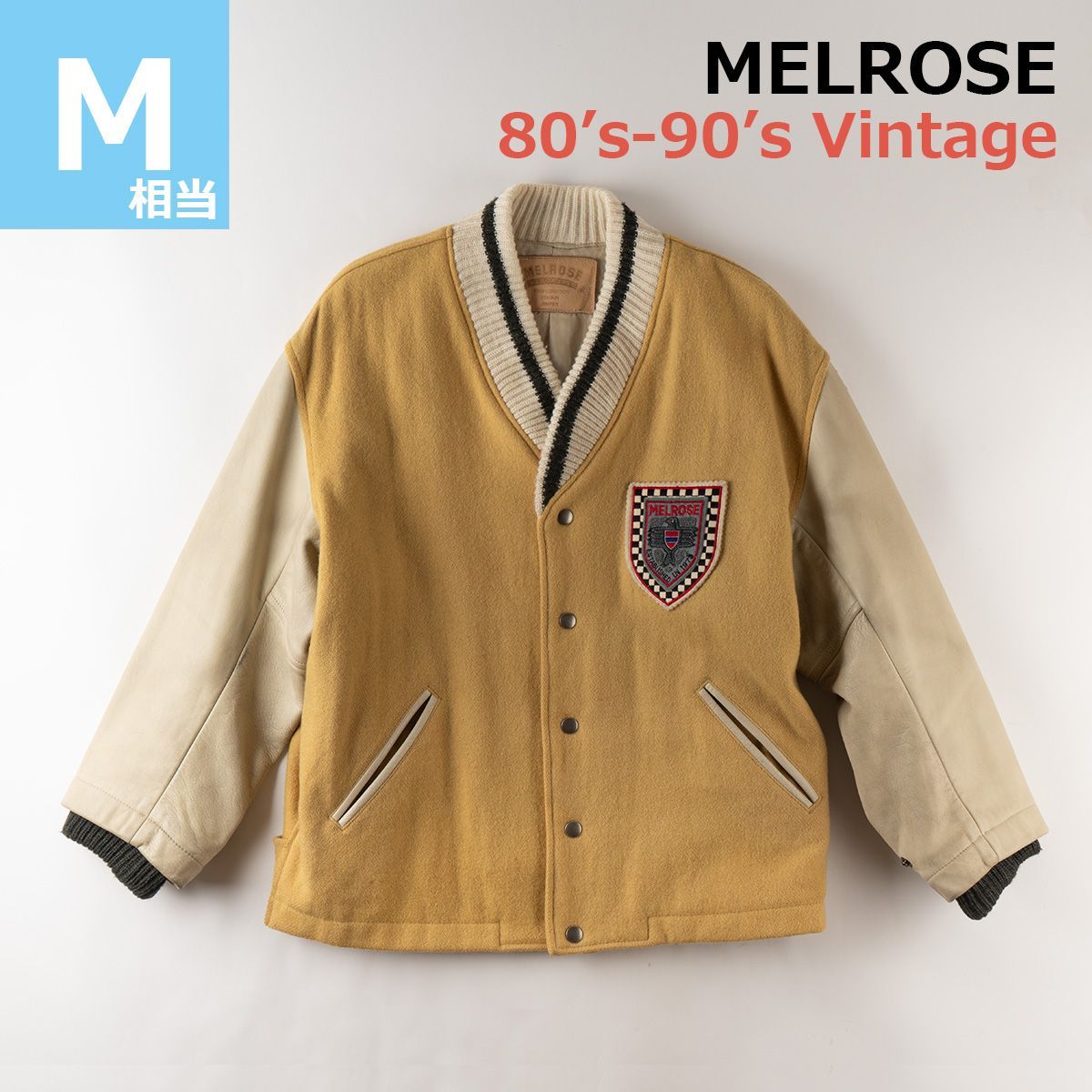 80s-90s メルローズ MELROSE メルトン袖革スタジャン ベージュ M