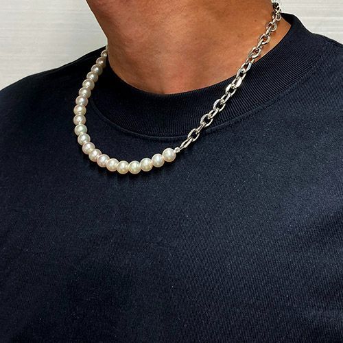 あこや真珠　チェーン　ミックス　ネックレス　925 y2k メンズ パールネックレス チェーン ミックス 50cm 約8.5～9mm 本