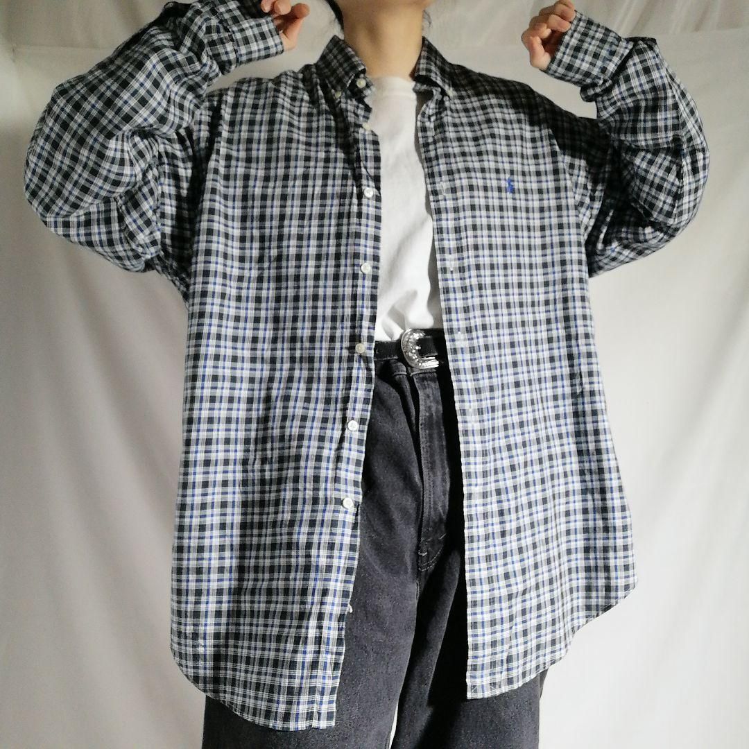 90s ラルフローレンBLAKE BD チェックシャツ 刺繍ロゴ 古着2971