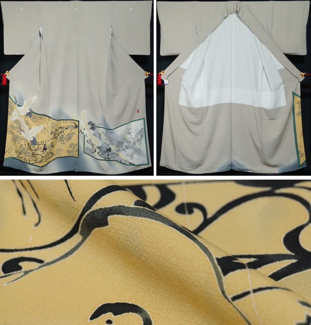 クリーム系加賀友禅訪問着と袋帯・帯揚げ帯締めの4点フルセット 着物セット 本加賀友禅 向秀三 色留袖 袋帯 帯締め3点セット