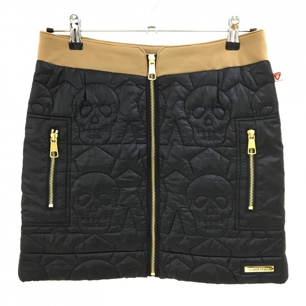 マークアンドロナ 中綿スカート 黒 総柄 スカル×星柄キルティング ウエストブラウン レディース M ゴルフウェア MARK＆LONA